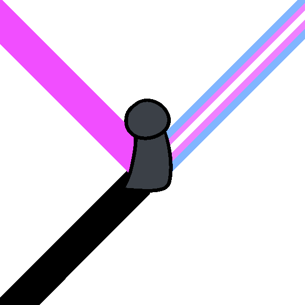  A gray figure standing at the intersection of three lines. One is the colors of the trans flag, one is pink, and one is black.